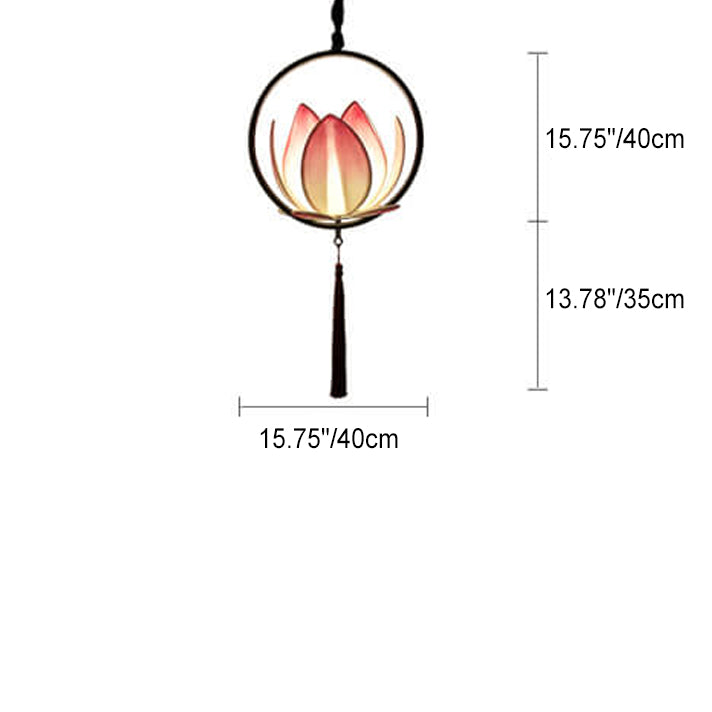 Chinesischer Zen Lotus Stoffschirm Eisenkreis Ring Quaste 1-Licht Pendelleuchte 