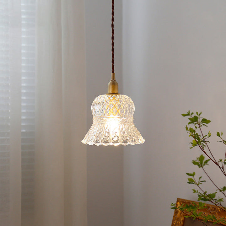 Traditionelle französische florale 1-flammige Pendelleuchte aus Messing und Glas für das Wohnzimmer 