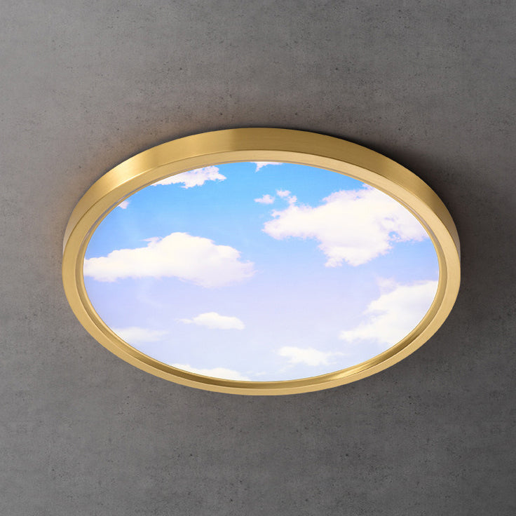 Moderne Einfachheit Vollkupfer Blauer Himmel Wolken Design Runder Acrylschirm LED Deckenleuchte für Wohnzimmer 