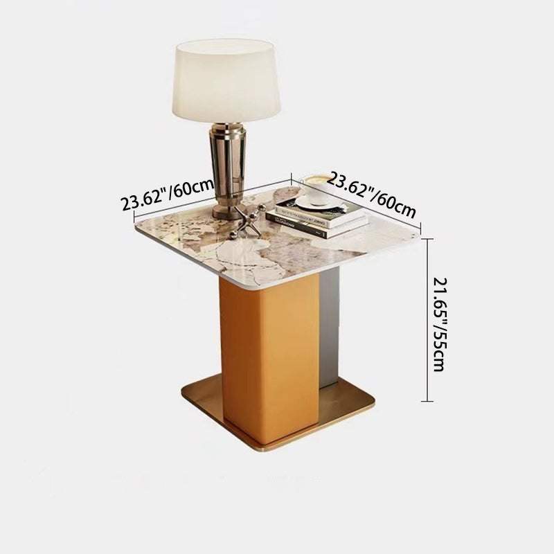 Zeitgenössischer skandinavischer quadratischer Säulen-Schiefer-Leder-Holz-Kohlenstoffstahl-Beistelltisch für das Wohnzimmer 