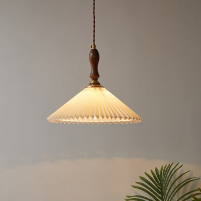 Vintage 1-Light Pleated Fabric Conical Pendant Light