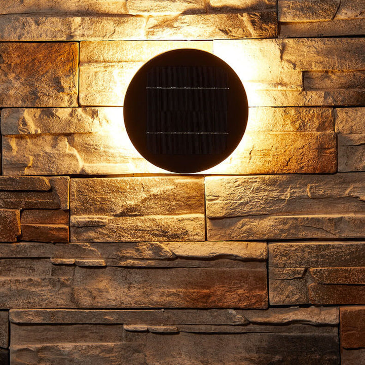 Moderne minimalistische solarbetriebene, wasserdichte runde Scheiben-Design-Aluminium-Glas-LED-Außenwandlampe 