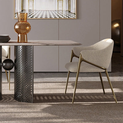 Silla de comedor contemporánea de lujo redonda de lana de cordero con patas de acero inoxidable, respaldo y reposabrazos para comedor 