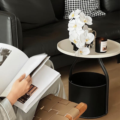 Contemporary Creative Round Barrel Faux Saddle Leather Stainless Steel Coffee Table Tote For Living Room