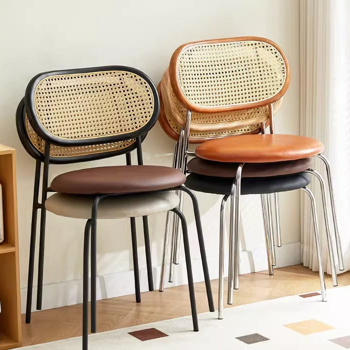 Contemporary Vintage Round Rectangular Rubberwood Plywood Iron Faux Leather PE Rattan Dining Chair Backrest For Dining Room