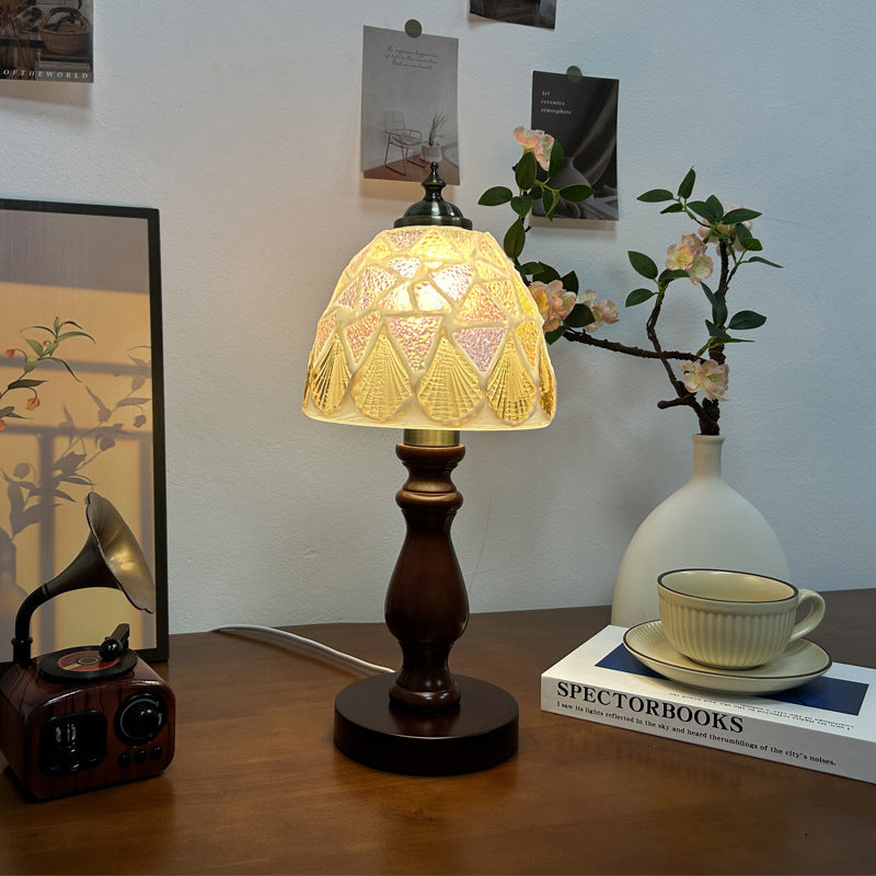 Lámpara de Mesa de 1 Luz con Caparazón de Lozange de Hemisferoide de Vidrio de Madera Vintage Tradicional para Mesita de Noche 