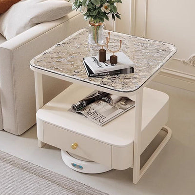 Mesa auxiliar contemporánea nórdica cuadrada de vidrio, metal y madera de 2 niveles para sala de estar 