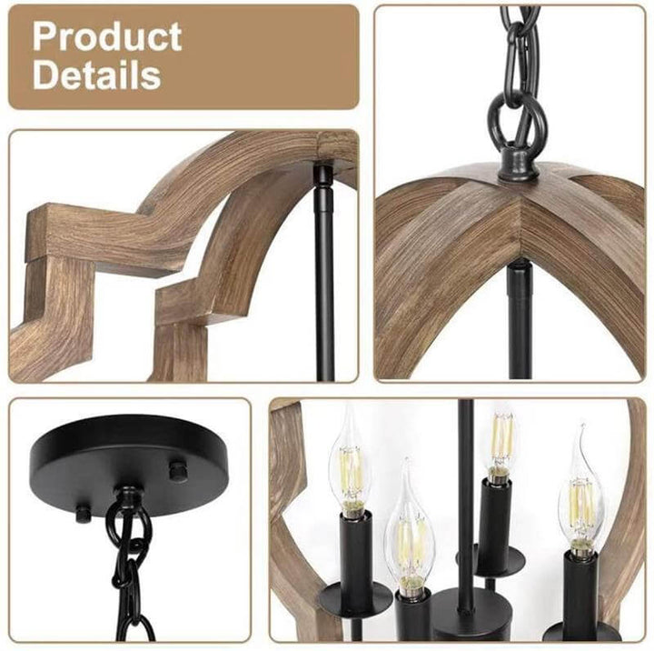 Lustre créatif à 4 lumières de forme spéciale en bois massif de style industriel 