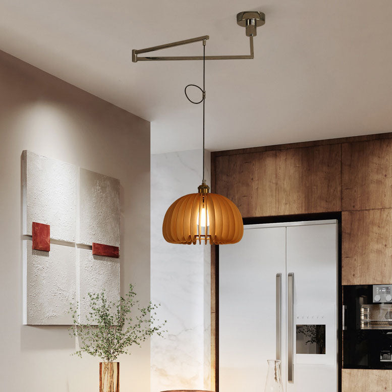 Traditional Vintage Wooden Pumpkin Shade Rocker Arm Telescopic 1-Light Pendant Light For Dining Room