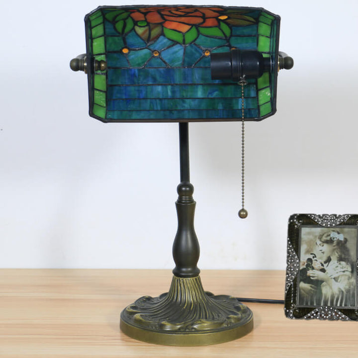 Traditional Tiffany Blooming Flowers Stained Glass 1-Light Bank Table Lamp for Living Room