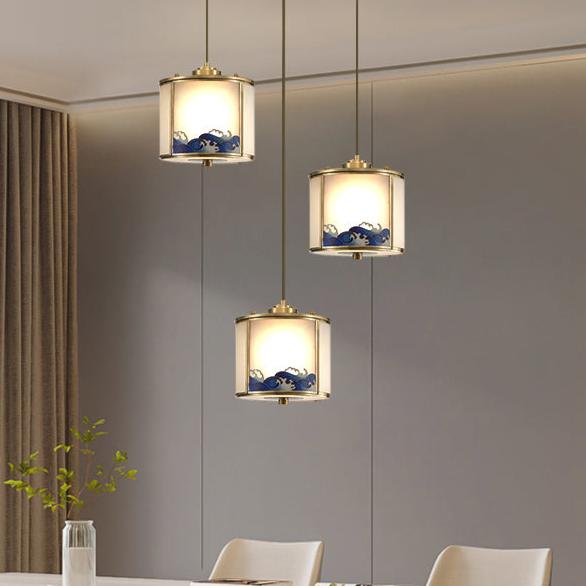 Traditionelle chinesische Messingglaszylinder-Pendelleuchte mit 1 Licht für Wohnzimmer 