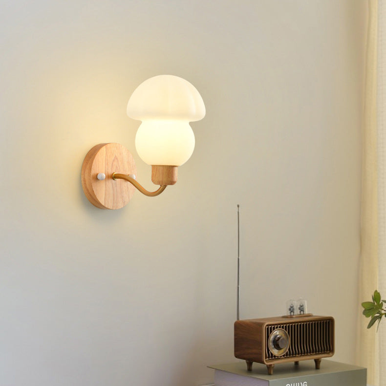 Contemporary Nordic Iron Wood PVC Mushroom 1-Light Wall Sconce Lamp For Bedside