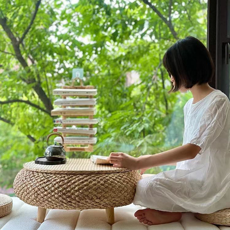 Traditional Japanese Oval Narcissus Rattan Poplar Wood Coffee Table Storage For Living Room