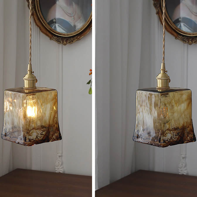 Modern Eclectic Amber Brass Glass Geometric Jar 1-Light Pendant Light For Living Room