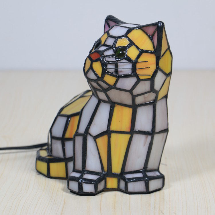 Lámpara de mesa de 1 luz con diseño de gato de vidrio Tiffany tradicional para dormitorio 