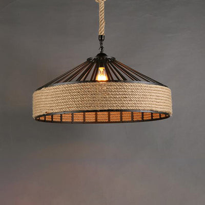 Traditional Rustic Round Iron Hemp Rope 1-Light Pendant Light For Living Room