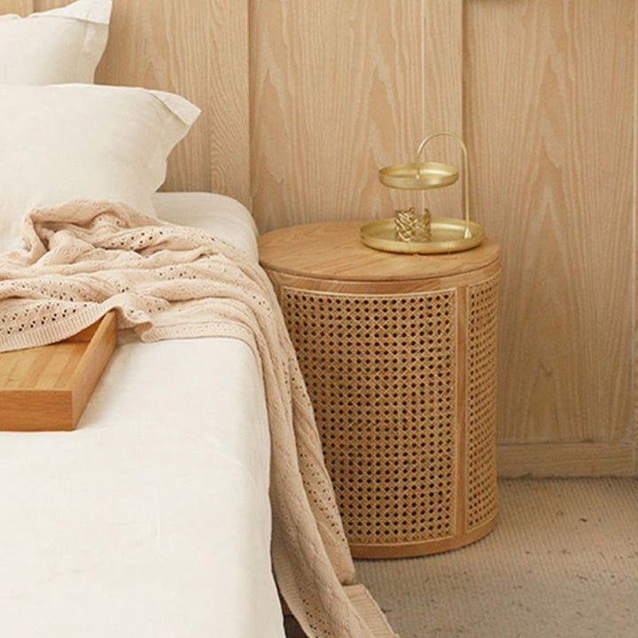 Contemporary Scandinavian Cylindrical Ash Wood Indonesian Rattan Coffee Table For Living Room