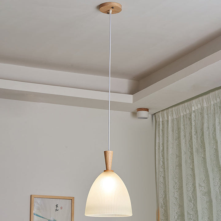 Suspension Luminaire Moderne Minimaliste Rond en Verre à Rayures en Dentelle avec Bois 1-Lumière pour Salon 