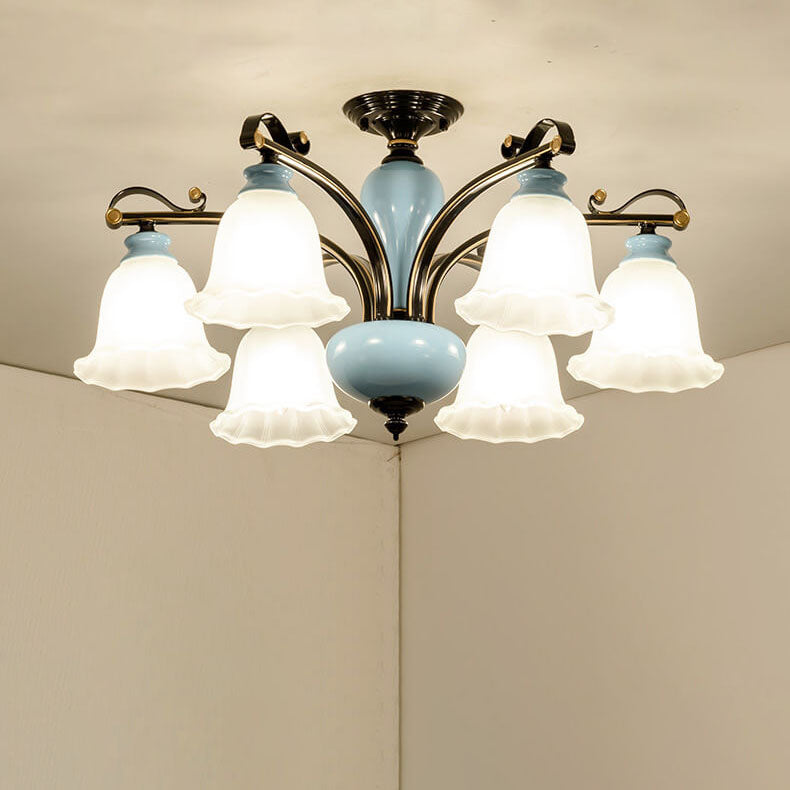 European Modern Minimalist Flower Cup Iron Ceramic Glass 3/6/8/10 Light Semi-Flush Mount Ceiling Light