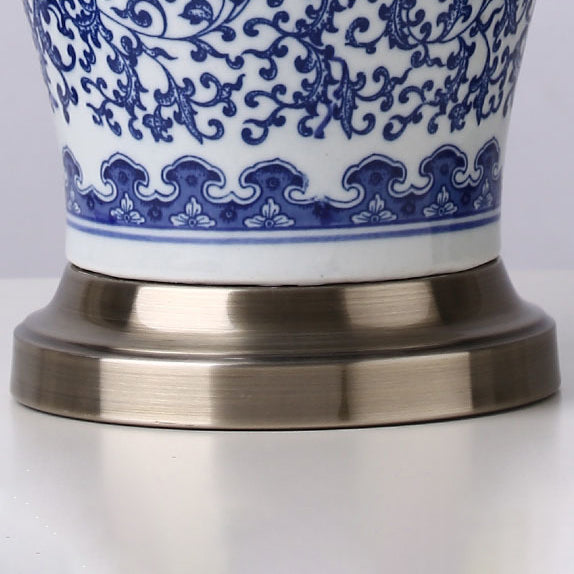 Traditional Chinese Ceramic Fabric Electroplated Antique Brass Finish Vase Cone 1-Light Table Lamp For Home Office