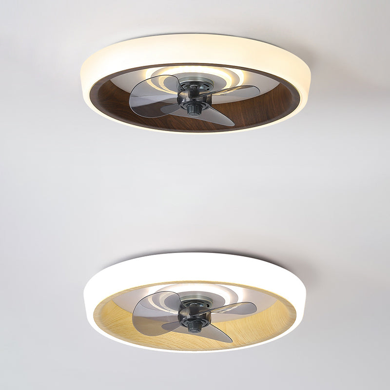 Modern Minimalist Round Wood Grain Aluminum Acrylic LED Flush Mount Ceiling Fan Light For Bedroom