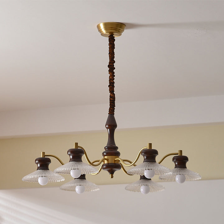 Lustres ronds en laiton vintage traditionnel, fer, bois de frêne, verre, à 3/6/8 lumières pour salle à manger 
