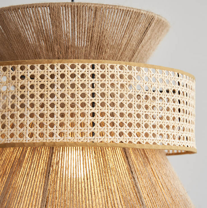 Traditionelle Vintage Zen Rattan Hanf Seil Weben Runde Schatten 1-Licht Pendelleuchte für Wohnzimmer 