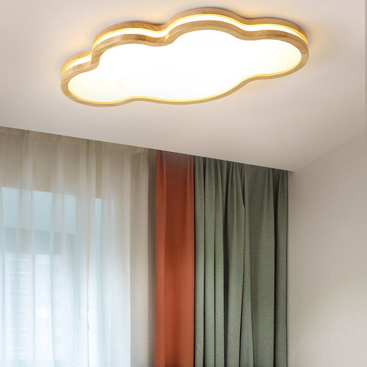 Contemporary Nordic Kids Rubber Wood Glass Star Cloud Moon LED Flush Mount Ceiling Light For Bedroom