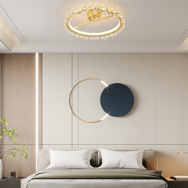 Modern Luxury Round Petal Full Copper Crystal LED Semi-Flush Mount Ceiling Light For Bedroom