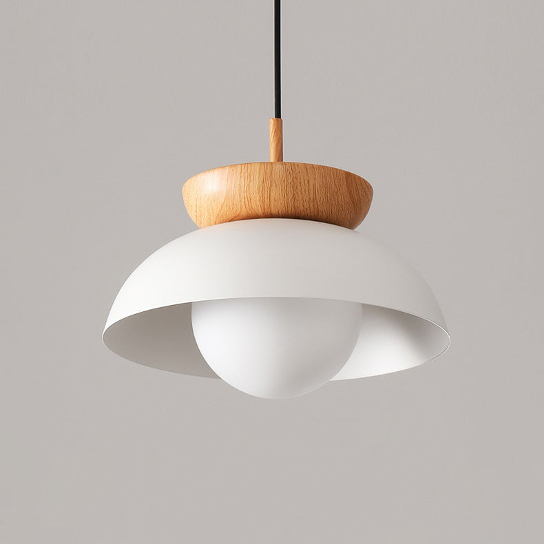 Suspension 1 lumière en bois et fer avec abat-jour rond moderne minimaliste pour salon 