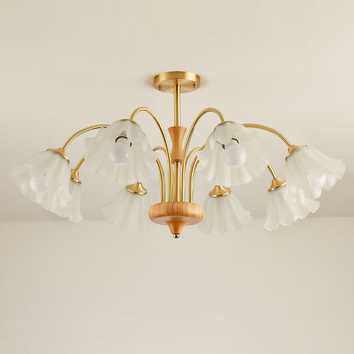 Lámpara de araña tradicional francesa redonda de cobre con vidrio y madera con 4/6/8 luces para sala de estar 