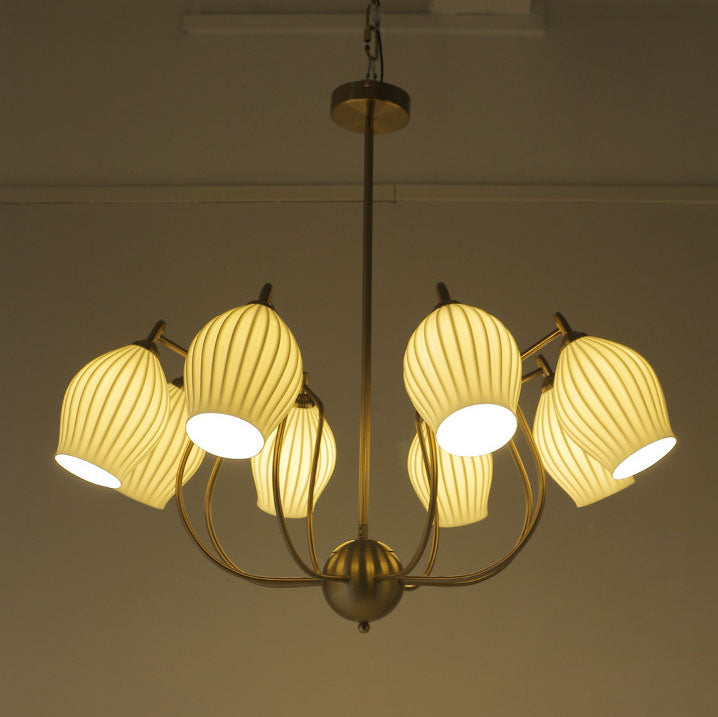 Traditioneller französischer Kronleuchter aus Eisen, Kupfer und Keramik mit Blumenglocke, gestreift, 4/6/8 Lichter für Wohnzimmer 