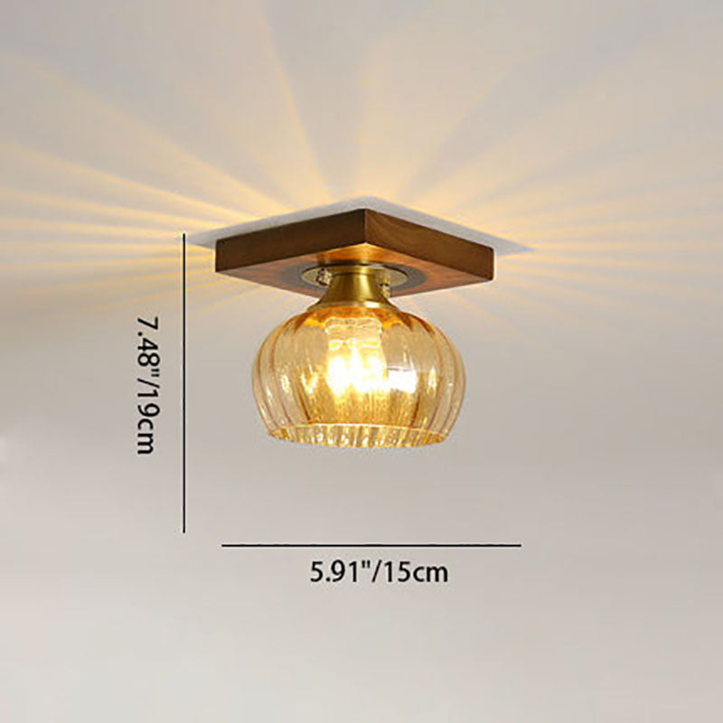 Modern Transitional Glass Cup Shape Solid Wood 1-Light Semi-Flush Mount Ceiling Light For Living Room