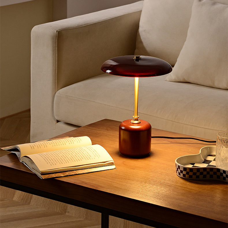 Lámpara de Mesa LED Cilíndrica Redonda de Latón Retro Contemporáneo con Madera y Vidrio para la Mesita de Noche 