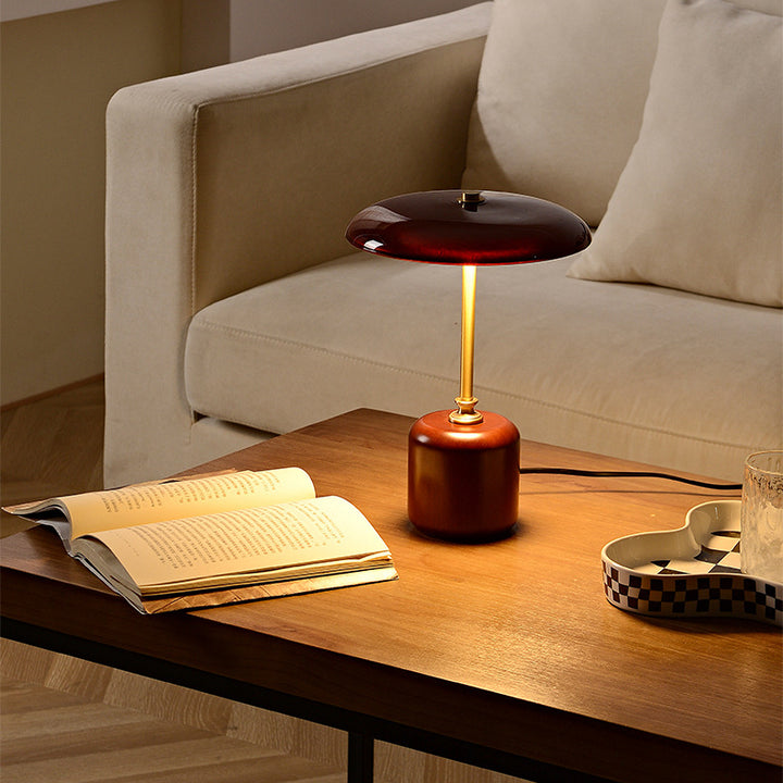 Lámpara de Mesa LED Cilíndrica Redonda de Latón Retro Contemporáneo con Madera y Vidrio para la Mesita de Noche 