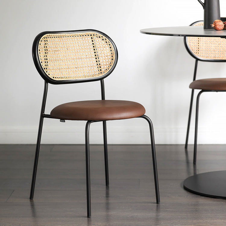 Contemporary Nordic Round PU Leather Faux Rattan Weaving Iron Chair Backrest For Living Room