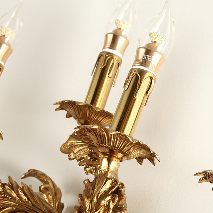 Traditionelle französische Vollkupfer geschnitzte Lampe Arm Palace Kandelaber 5-Licht Wandleuchte Lampe für Wohnzimmer 