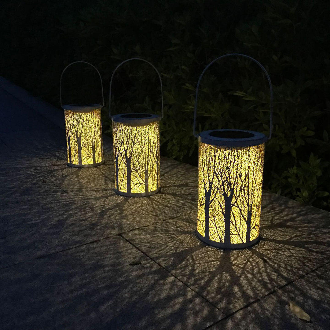 Moderne Art Deco Solarzylinder-Skelettlaterne Eisen LED Außenlandschaftslicht für den Garten 