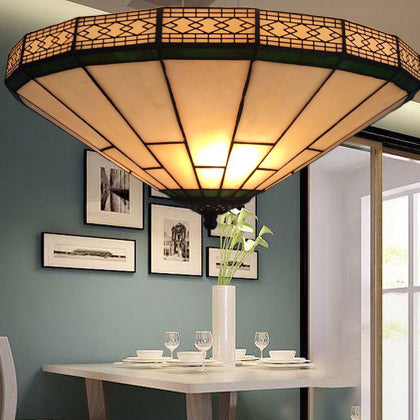 Luz de techo de montaje empotrado de 3 luces con vidrio de diamante cónico tradicional Tiffany para sala de estar 