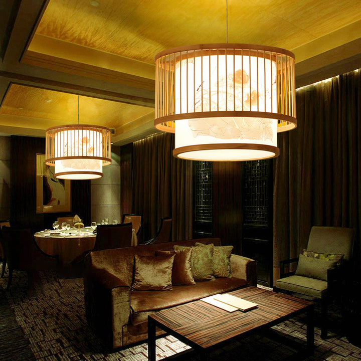 Traditionelle chinesische Bambusweberei Stoff Runde 1-Licht Pendelleuchte für Esszimmer 
