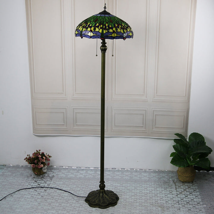 Lámpara de pie de 2 luces con cúpula de resina de vidrio teñido de libélula vintage de Tiffany 