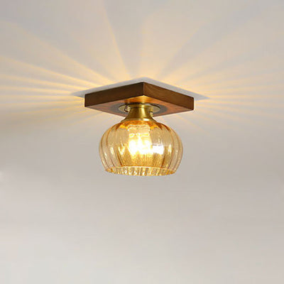 Modern Transitional Glass Cup Shape Solid Wood 1-Light Semi-Flush Mount Ceiling Light For Living Room