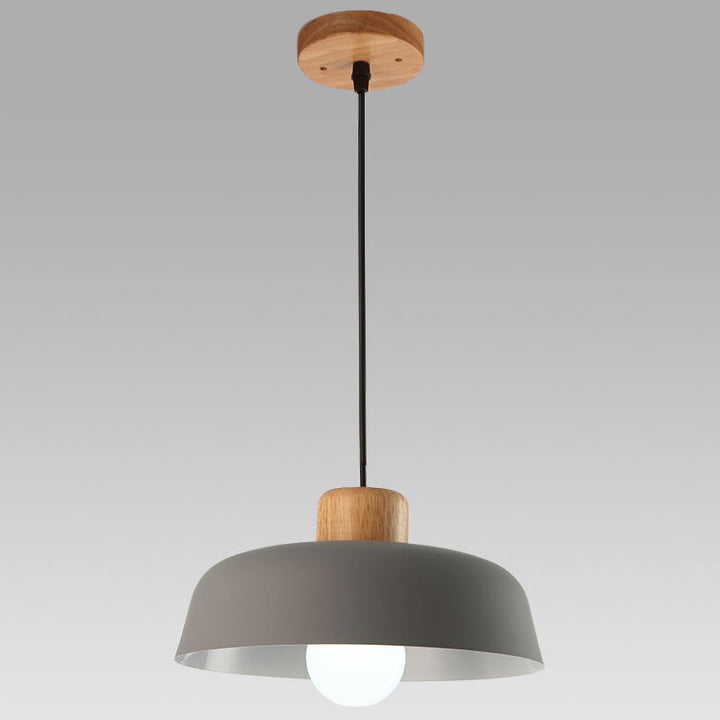 Contemporary Scandinavian Round Bowl Metal Rubber Wood 1-Light Pendant Light For Dining Room