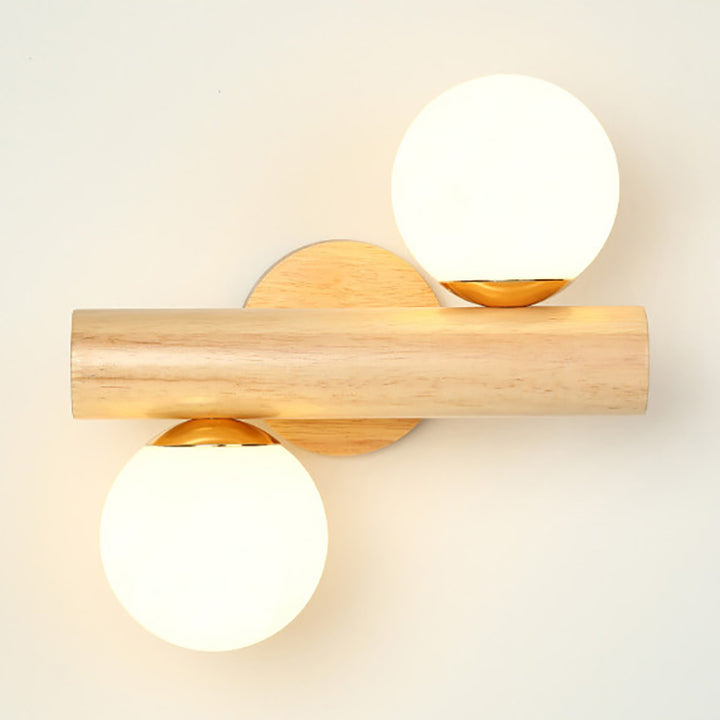 Traditional Japanese Metal Rubber Wood Walnut Glass Cylinder Strip Ball 2-Light Wall Sconce Lamp For Bedside