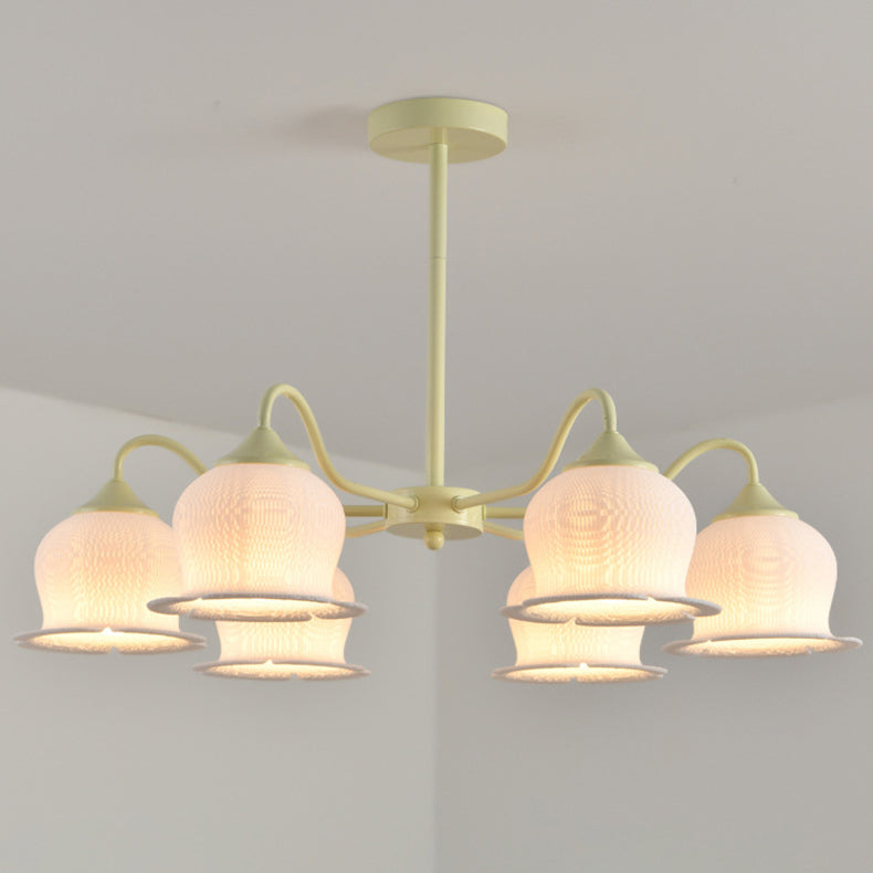 Moderner Art-Deco-Kronleuchter mit Eisenrahmen und PLA-Glocken-Orchideen-Blumenschirm, 3/5/6 Lichter, für Wohnzimmer 