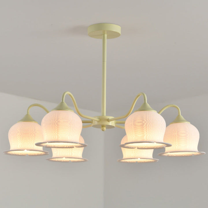 Moderner Art-Deco-Kronleuchter mit Eisenrahmen und PLA-Glocken-Orchideen-Blumenschirm, 3/5/6 Lichter, für Wohnzimmer 