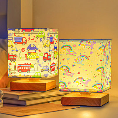 Contemporary Creative Kids Rectangular Solid Wood Fabric LED Table Lamp For Bedroom