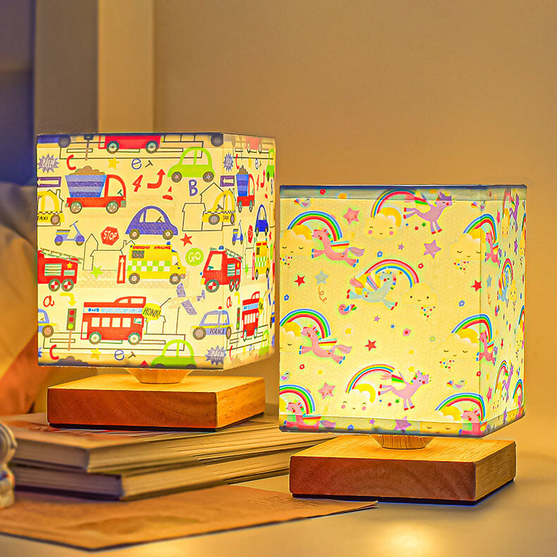 Contemporary Creative Kids Rectangular Solid Wood Fabric LED Table Lamp For Bedroom