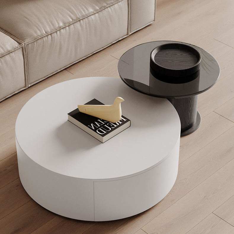 Modern Minimalist Round Plywood Metal Glass Coffee Table Set 2-Drawer For Living Room