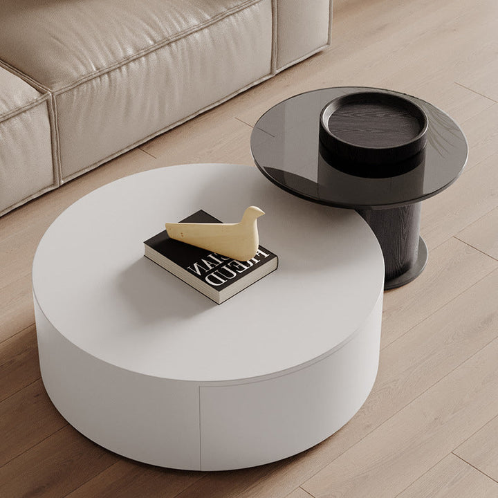 Modern Minimalist Round Plywood Metal Glass Coffee Table Set 2-Drawer For Living Room